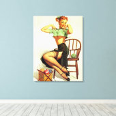  retro Knitting Pin Up Girl Canvas Afdruk (Insitu (Houten vloer))