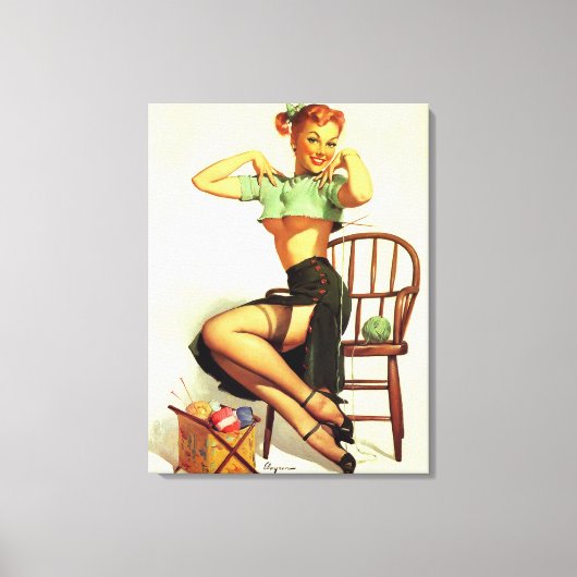  retro Knitting Pin Up Girl Canvas Afdruk (Voorkant)