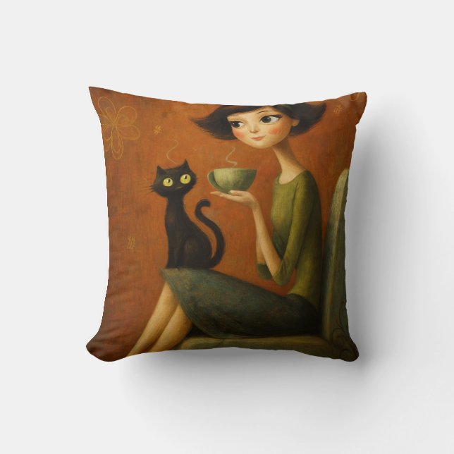 Retro Knus Ochtend Zwarte Kat Esthetiek Kussen (Voorkant)