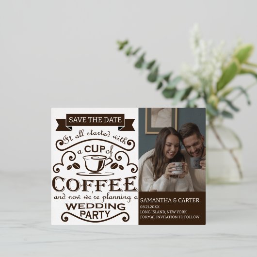 Retro Koffie op de bruiloft Opslaan datumontwerp Folie Feestdagen Briefkaart (Staand Voorkant)