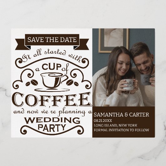 Retro Koffie op de bruiloft Opslaan datumontwerp Folie Feestdagen Briefkaart (Voorkant)