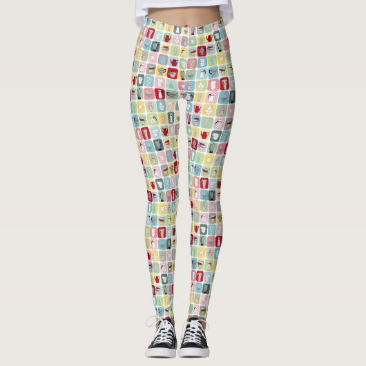 Retro Koffiepotten en cups Patroon Leggings (Voorkant)