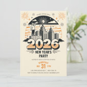 Retro kondigt nieuwjaarsfeest 2026 aan kaart (Staand voorkant)