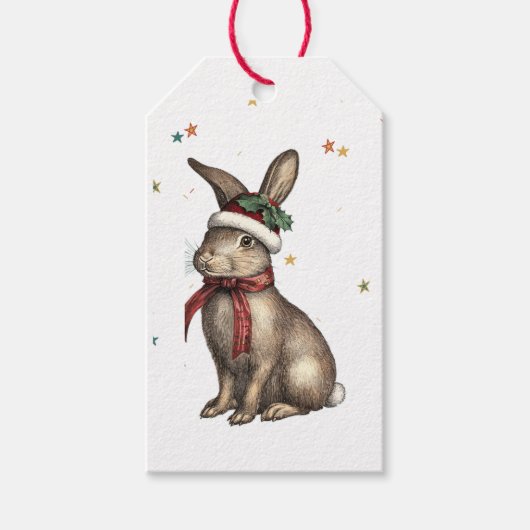 RETRO KONIJN MET KERSTMUTS KAARTJE CADEAULABEL (Voorkant)