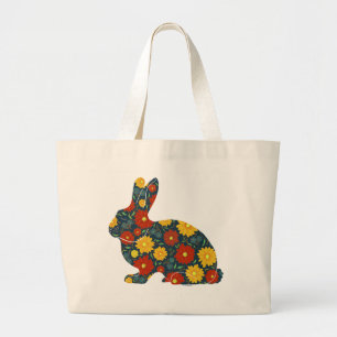 Retro konijn met oranje en gele bloemen grote tote bag