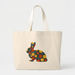 Retro konijntje en bloemen grote tote bag