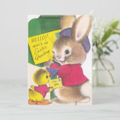  retro konijntje en eend aangepaste Pasen Feestdagenkaart (Staand voorkant)