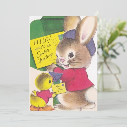  retro konijntje en eend aangepaste Pasen Feestdagenkaart (Staand voorkant)