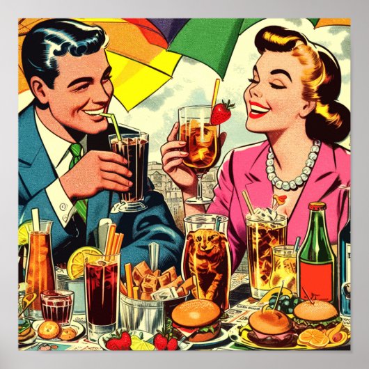 Retro Koppel Drinkt Strips Poster (Voorkant)