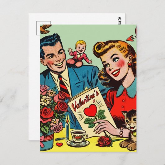 Retro koppel houdt van Valentijnse strips Briefkaart (Voorkant / Achterkant)