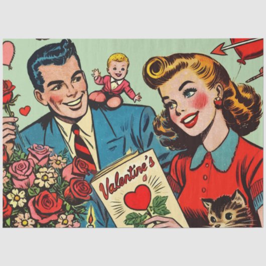 Retro koppel houdt van Valentijnse strips Tissuepapier (Voorkant)