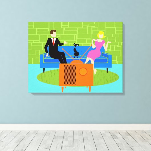 Retro Koppel met Cat Stretched Canvas Print (Insitu (Houten vloer))