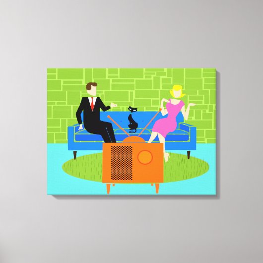 Retro Koppel met Cat Stretched Canvas Print (Voorkant)