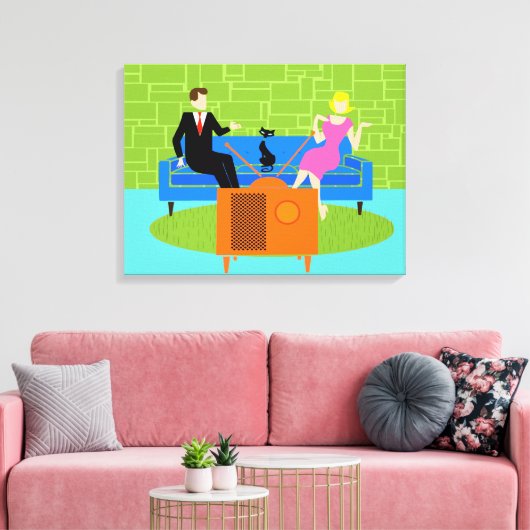 Retro Koppel met Cat Stretched Canvas Print (Insitu (Woonkamer))