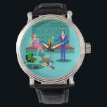 Retro Koppel met Hond Mannen Horloge<br><div class="desc">Dit Retro Couple met Dog Watch ziet eruit als een scène uit een romantische komedie. De stijl van de jaren 60, minimalistisch kunstontwerp biedt een aantrekkelijk koppel dat thuis geniet van een romantische avond. De verfijnde kamer is prominent voorzien van een aqua en een blauwgroen bakstenen open haard met een...</div>