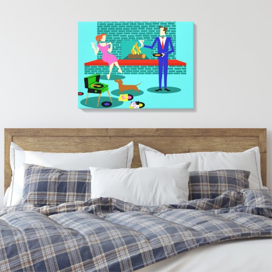 Retro Koppel met Hond Uitgerekt Canvas Print (Insitu (Slaapkamer))