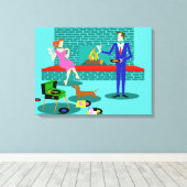 Retro Koppel met Hond Uitgerekt Canvas Print (Insitu (Houten vloer))