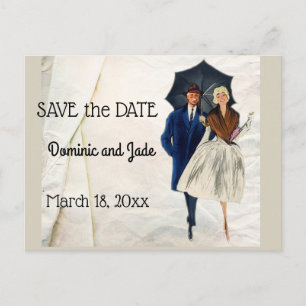 Retro Koppel Met Paraplu Save The Date Aankondigingskaart