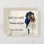 Retro Koppel Met Paraplu Save The Date Aankondigingskaart (Voorkant / Achterkant)