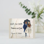 Retro Koppel Met Paraplu Save The Date Aankondigingskaart (Staand voorkant)