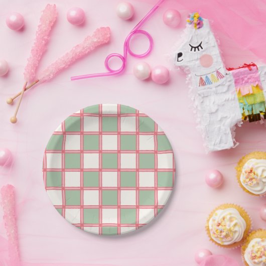 Retro koraal en groene checkers papieren bordje (Feest)