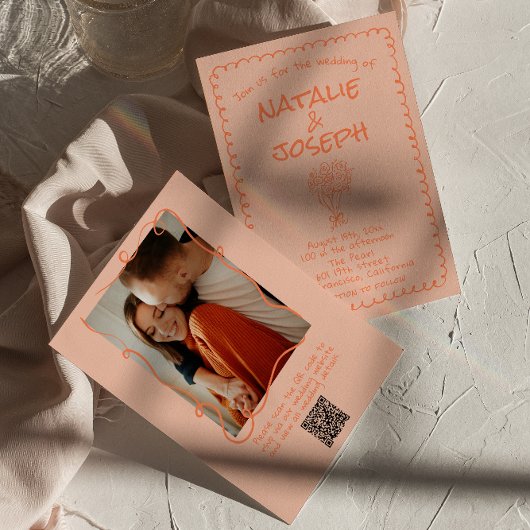 Retro Koraal Getekende Quirk Foto QR Code Leuke Br Kaart