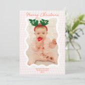 Retro koraal Gingham Merry Christmas Wavy 2 foto's Feestdagenkaart (Staand voorkant)