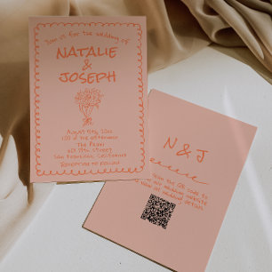 Retro Koraal Handgetekende QR Code Quirk Bruiloft Kaart