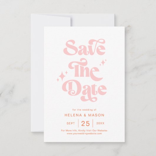 Retro Koraal Roze Groovy Script Zomer Huwelijk Save The Date (Voorkant)