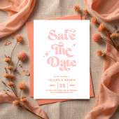 Retro Koraal Roze Groovy Script Zomer Huwelijk Save The Date
