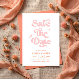 Retro Koraal Roze Groovy Script Zomer Huwelijk Save The Date