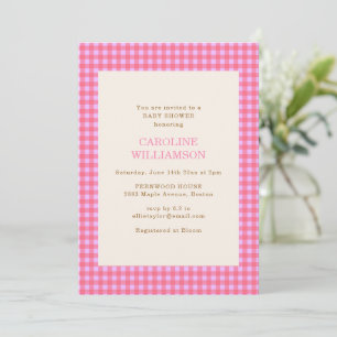 Retro koraalroze blos gingham preppy babyshower kaart