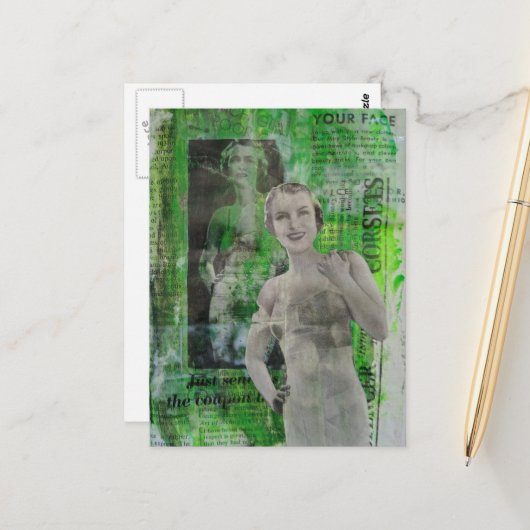 Retro korsetten vrouw mixed media collage briefkaart (Voorkant / Achterkant in situ)