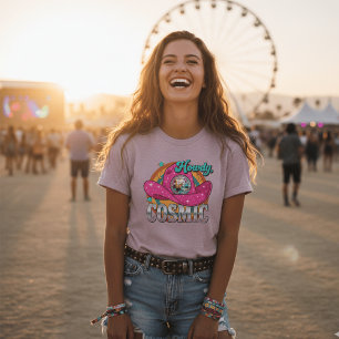 Retro Kosmische Cowgirl Roze Disco Bal Cowboy Hoed T-shirt