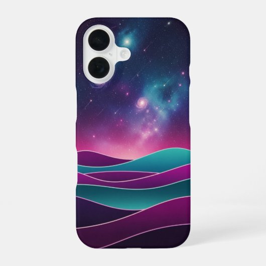 Retro kosmische heuvels iPhone 16 hoesje (Achterkant)