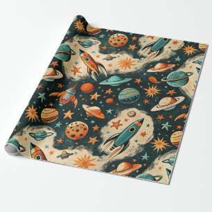 Retro Kosmische Raket Strip Teal Goud Steruitbarst Cadeaupapier