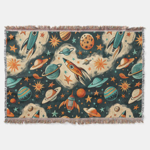 Retro Kosmische Raket Strip Teal Goud Steruitbarst Deken