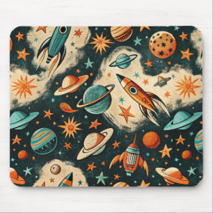 Retro Kosmische Raket Strip Teal Goud Steruitbarst Muismat