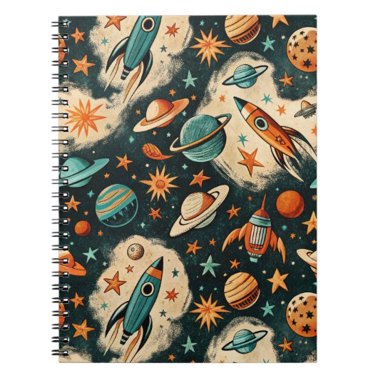 Retro Kosmische Raket Strip Teal Goud Steruitbarst Notitieboek (Voorkant)