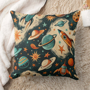 Retro Kosmische Raket Strip Teal Gouden Steruitbar Kussen