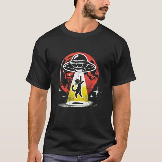 Retro Kosmische Straal UFO Ruimte Kat Moeder Vader T-shirt (Voorkant)