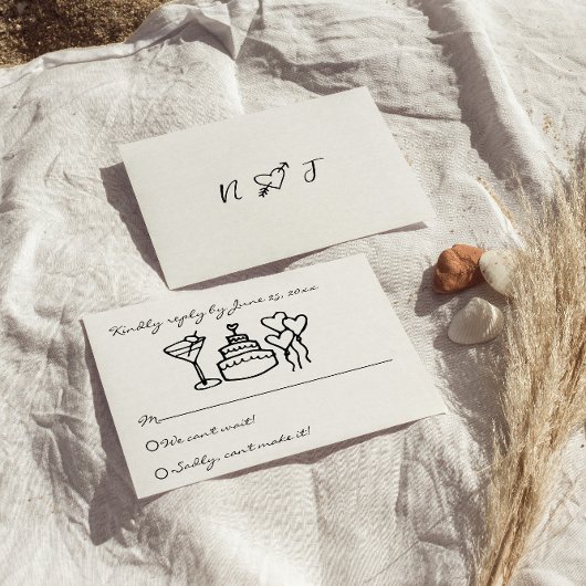 Retro krabbelhand getekend geschreven unieke bruil RSVP kaartje