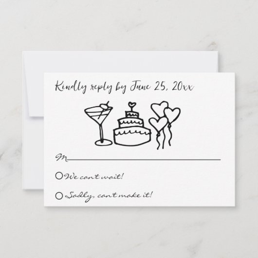 Retro krabbelhand getekend geschreven unieke bruil RSVP kaartje (Voorkant)