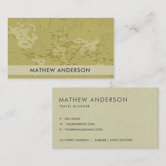 RETRO KRAFT BEIGE YELLOW  WERELDKAART VISITEKAARTJE (Voorkant / Achterkant)
