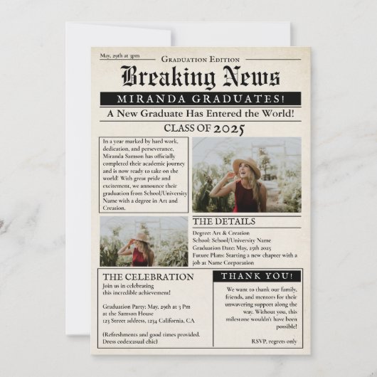 Retro krant 3 foto's Afstuderen Aankondiging (Voorkant)