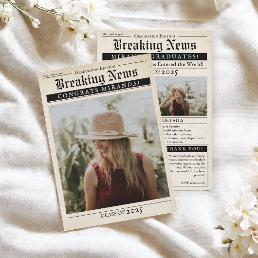  Retro krant 3 foto's Afstuderen Aankondiging