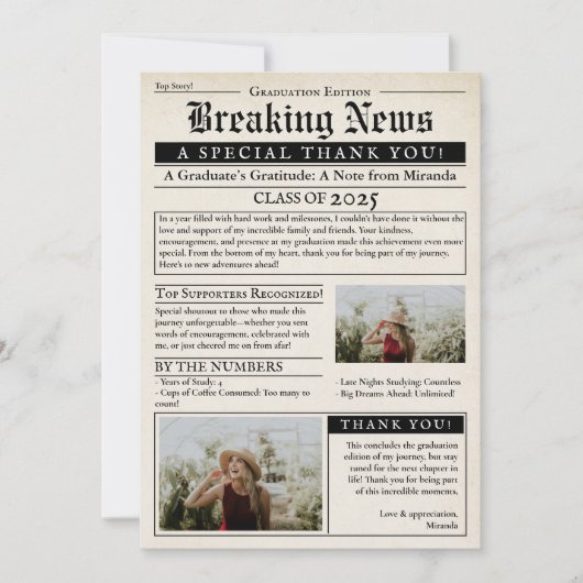 Retro krant 3 foto's Afstuderen Bedankkaart (Voorkant)