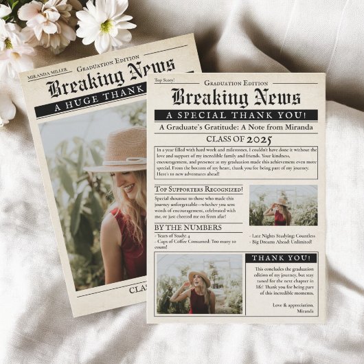 Retro krant 3 foto's Afstuderen Bedankkaart