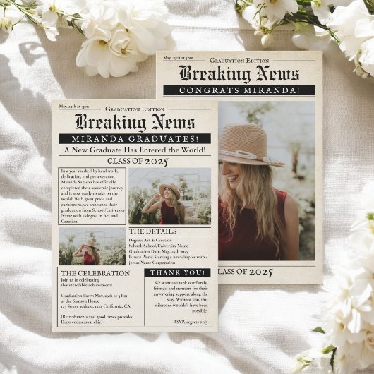 Retro krant 3 foto's Afstuderen Kaart