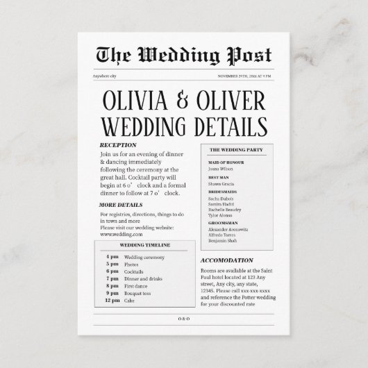 Retro krant bruiloft details informatiekaartje (Voorkant)